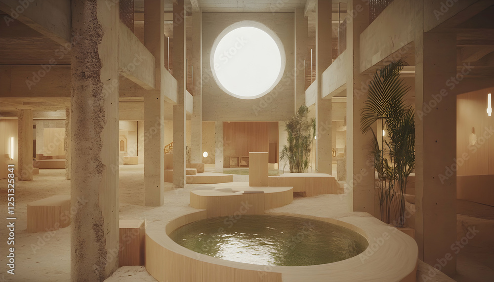 Poster serene minimalist interior design, featuring a circular pool and sand-like flooring within a modern 
