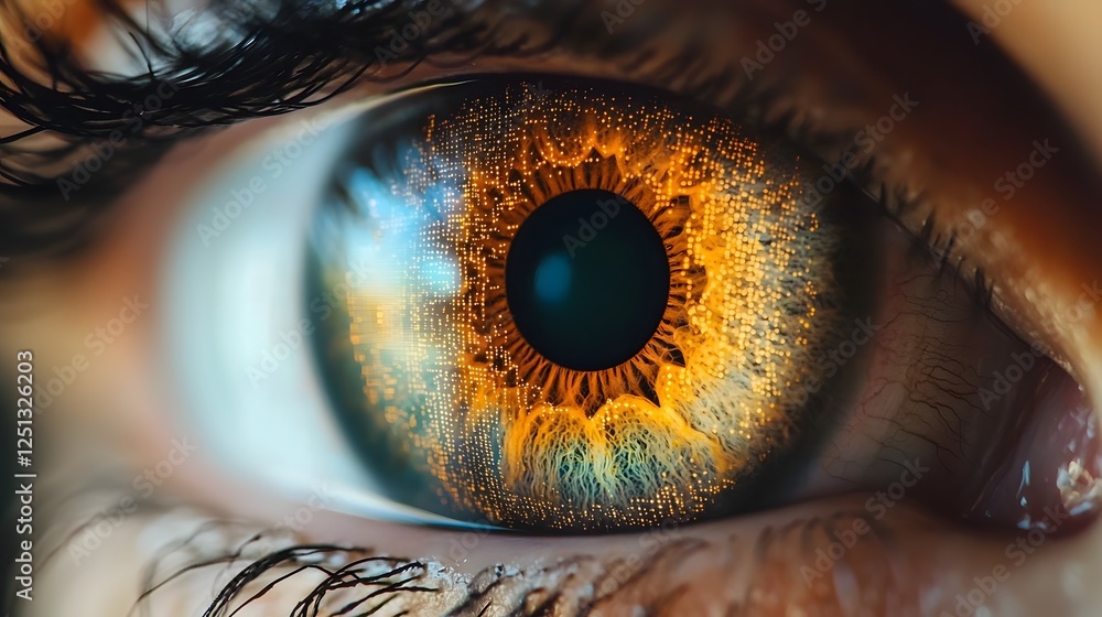 Poster closeup of a high tech biometric iris scanning system analyzing the intricate digital patterns of an