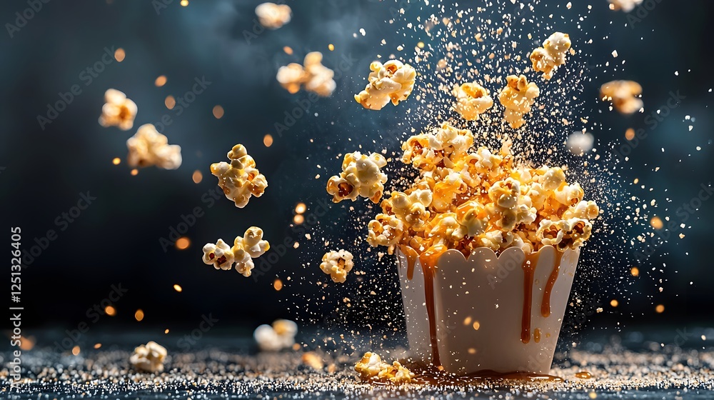 Poster popcorn exploding in cup with caramel-drizzled popcorn surrounding it on a wooden surface