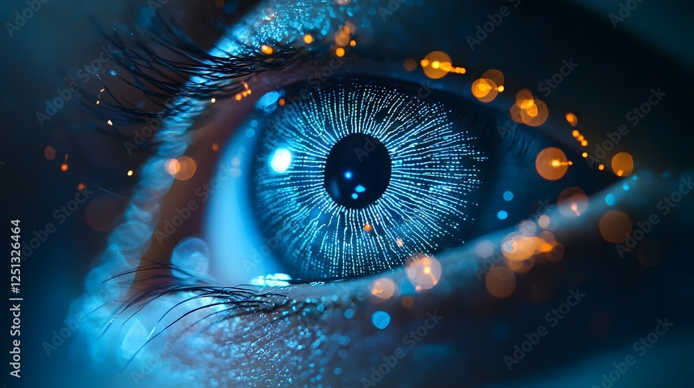 Poster detailed close up view of a human eye s iris with intricate scanning lines and patterns for biometri