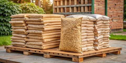 Fototapeta premium A wooden pallet loaded with a stack of bags containing wood pellets for heating and next to them fuel bricks for heating
