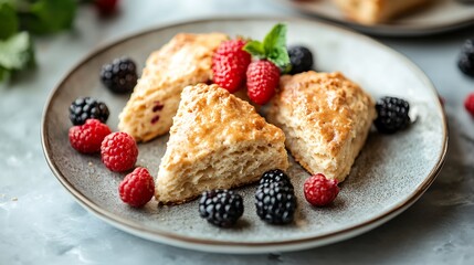 Homemade english scones with berries on a plate selective focus