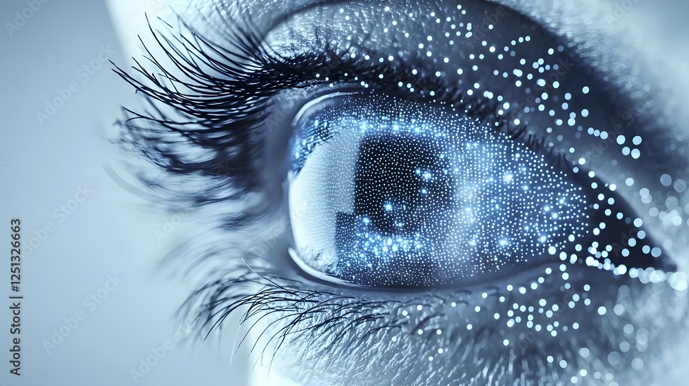 Poster close up view of a human eye undergoing biometric scanning process with digital data points represen