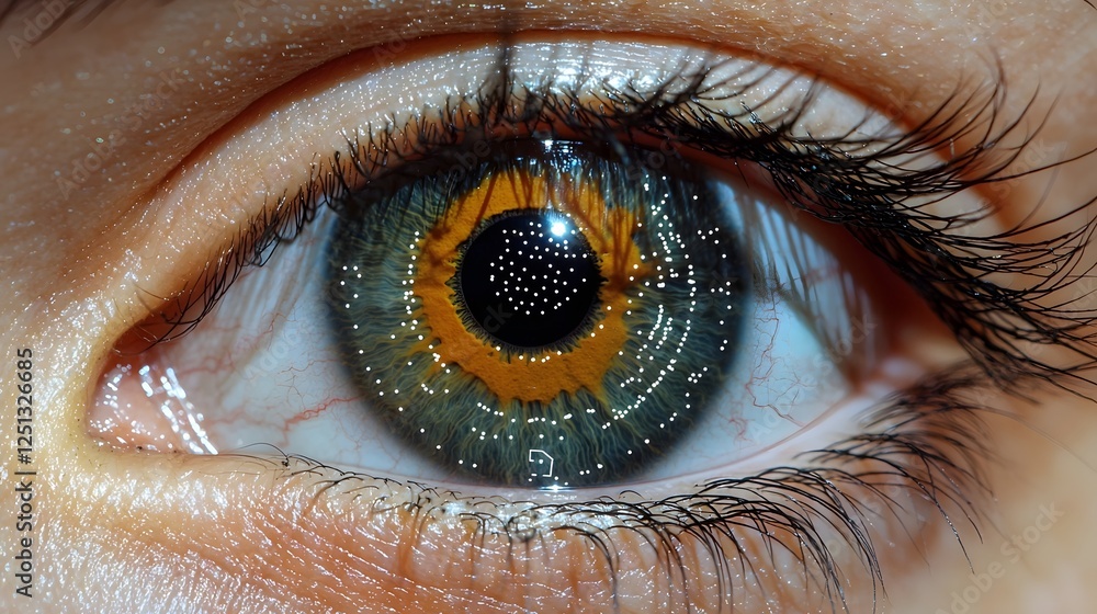 Poster close up of a human eye undergoing biometric iris scanning with data points and patterns representin