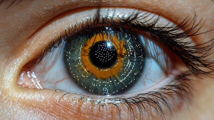Close up of a human eye undergoing biometric iris scanning with data points and patterns representing the advanced technology of iris recognition for identification security