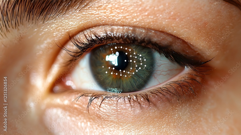 Poster close up view of a human eye undergoing biometric iris scanning with data points and patterns repres