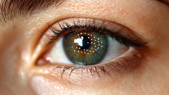 Close up view of a human eye undergoing biometric iris scanning with data points and patterns representing advanced iris recognition technology for digital identification and security authentication