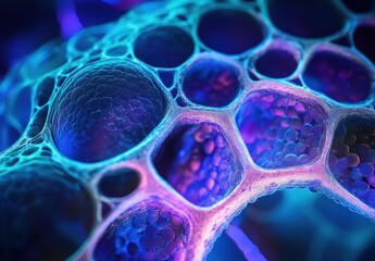 A close up of a blue and purple blob with many small holes