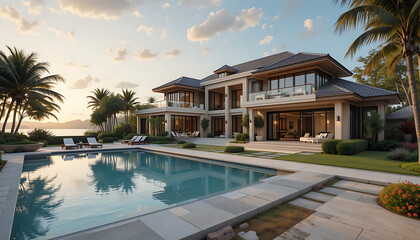 Fototapeta premium swimming pool at sunset, and a beautiful villa