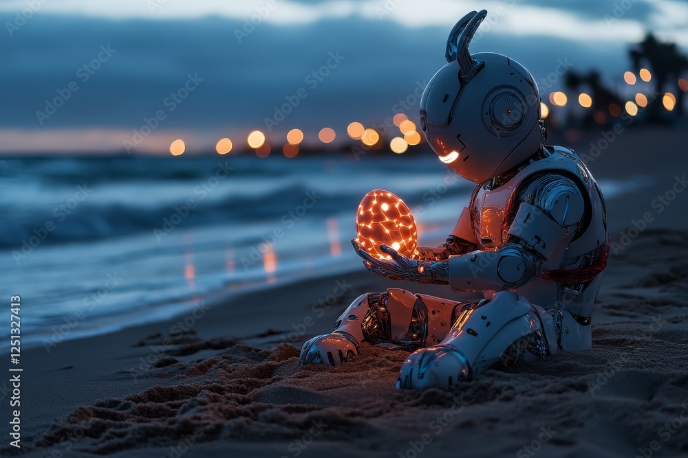 Poster robot sits on the beach at dusk holding a glowing egg while waves gently lap at the shore, surrounde