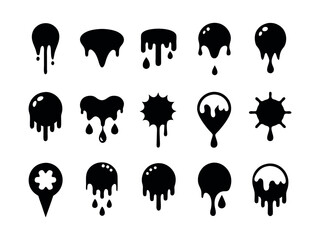 A collection of black and white dripping liquid icons in various shapes.