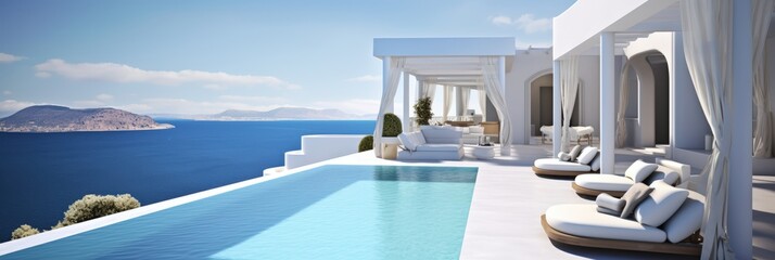 Obraz premium Scenic Luxury Swimming Pool Overlooking the Ocean with Modern Architecture and Relaxing Atmosphere in Santorini