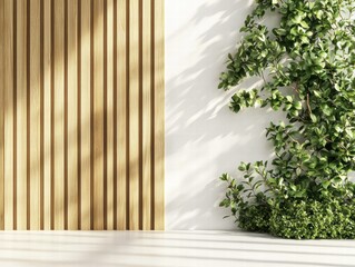 A white wall with a wooden panel and a plant growing out of it