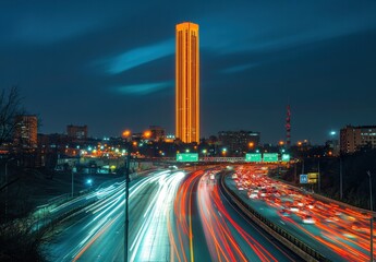 A city skyline with a tall building in the background