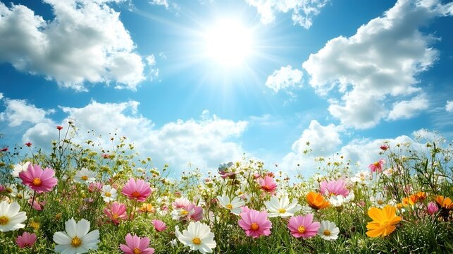 Vibrant cosmos flowers blooming under a bright blue sky with fluffy clouds in a sunny meadow - Powered by Adobe
