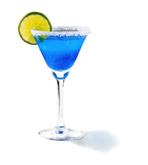 Blue cocktail glass with lime garnish   isolated on transparent background cutout