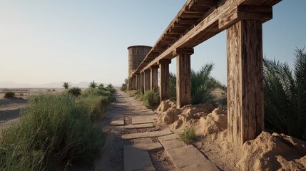 Abandoned wooden structure along a dusty trail in a desolate landscape with sparse vegetation