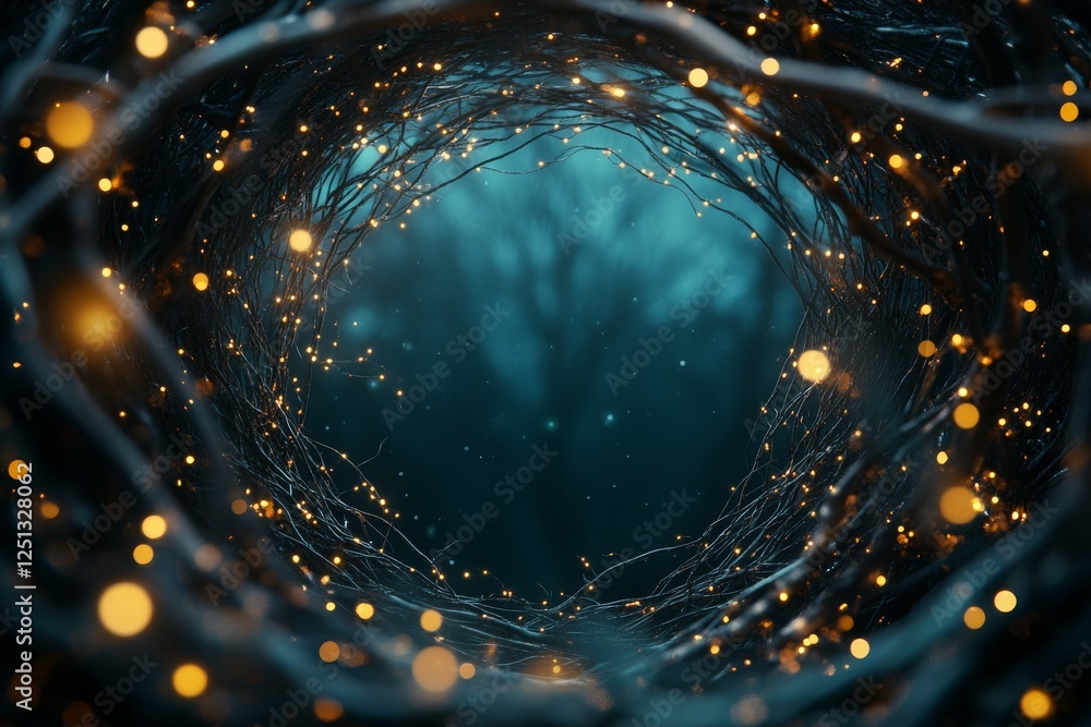 Poster enchanted tunnel of lights surrounded by trees in a mystical forest during twilight