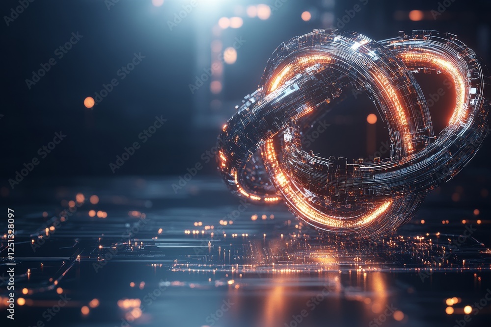 Poster digital art of an abstract glowing knot structure in a futuristic environment with detailed circuitr