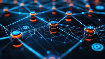 A blue and orange grid of icons with a blue background