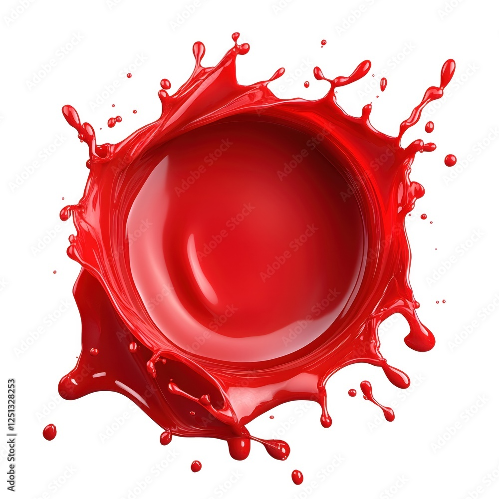 Poster dynamic splash of vibrant red paint creating a circular frame on a clean white background