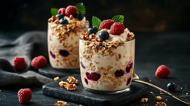 Homemade healthy breakfast oats with raspberries blueberries honey nuts milk