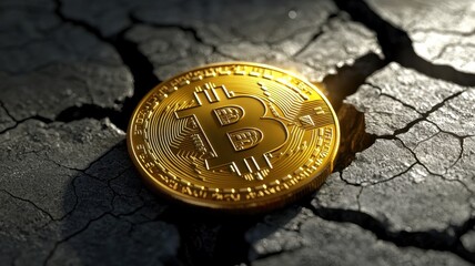 Cash down. Bitcoin coin on cracked surface, symbolizing cryptocurrency value and volatility.