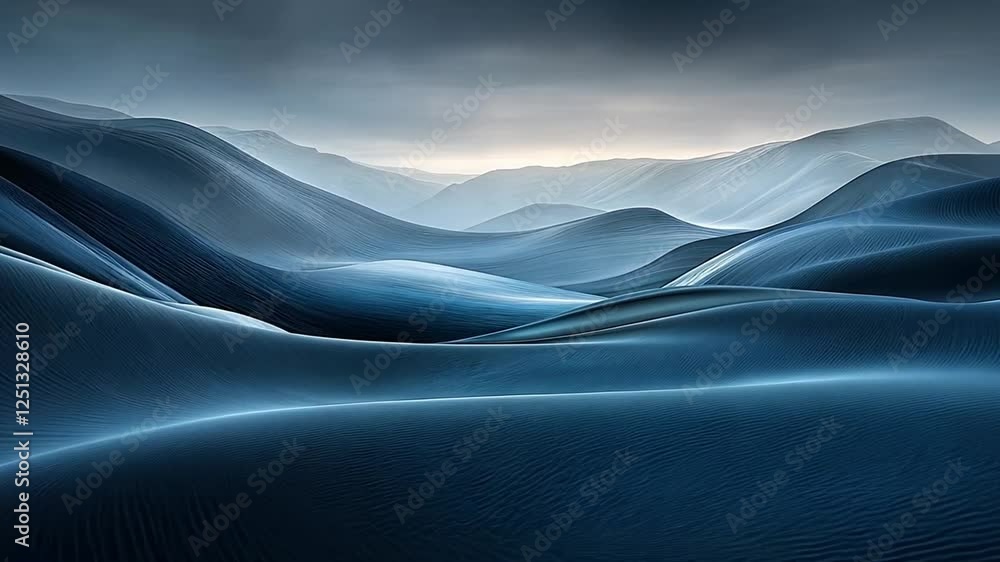 Poster serene landscape of rolling blue sand dunes and hills under moody sky, evoking calm and tranquility 