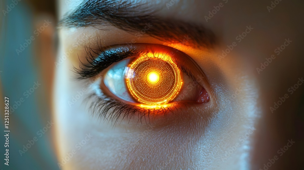 Poster glowing biometric iris scan image showing the intricate pattern and detail of a human eye for digita