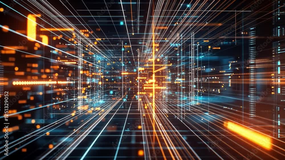 Poster futuristic digital technology glowing blue and orange lines create abstract data streams and vibrant
