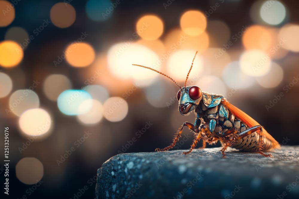 Poster close-up of a vibrant insect with colorful features resting on a stone against a bokeh background at