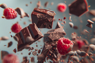 Dynamic close-up of dark chocolate chunks and fresh raspberries exploding in mid-air. High-speed macro shot with sharp details, rich textures, and a delicious contrast of deep brown and vibrant red.