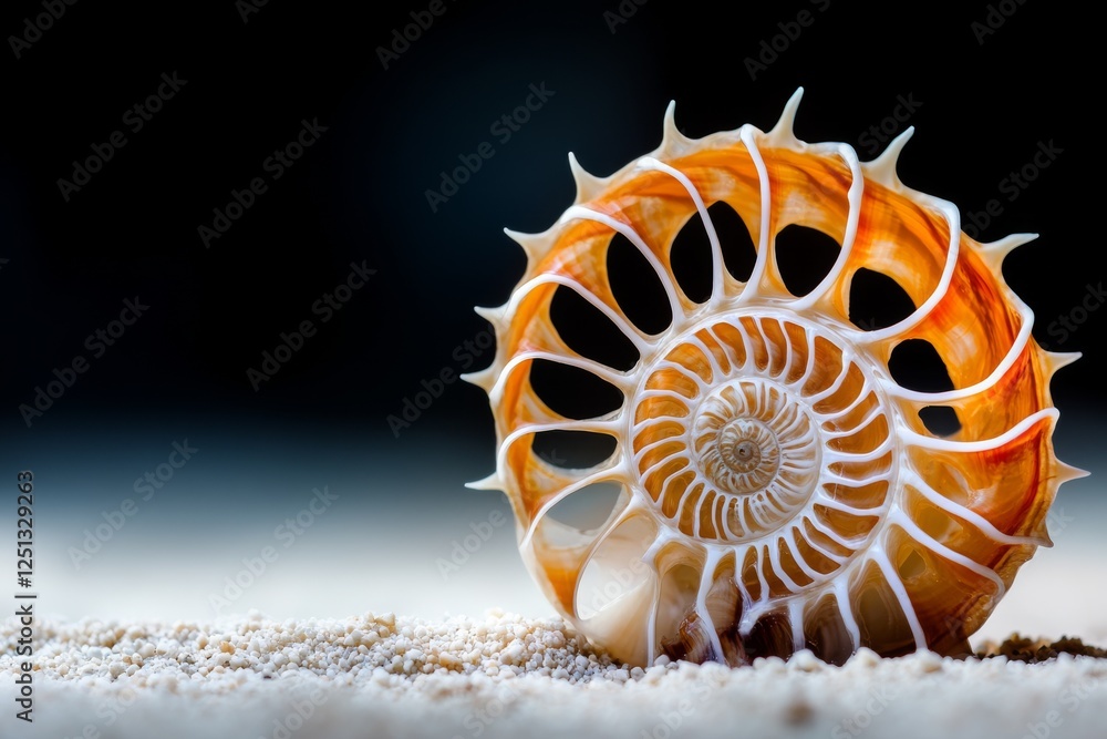 Poster nautilus shell resting on sandy beach during bright daylight with gentle shadows enhancing its intri