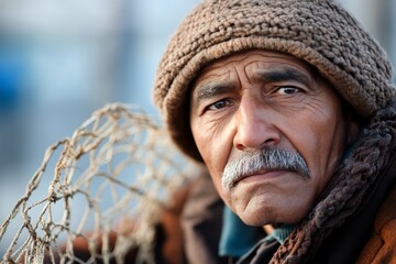 Portrait of an elderly fisherman in a warm hat reflecting on his life by the sea at sunrise