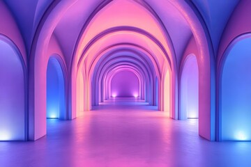Fototapeta premium Ethereal Arches in a Glowing Hallway with Pink and Blue Light Creating a Dreamlike Ambience