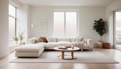 A serene modern minimalist living room with a neutral color palette