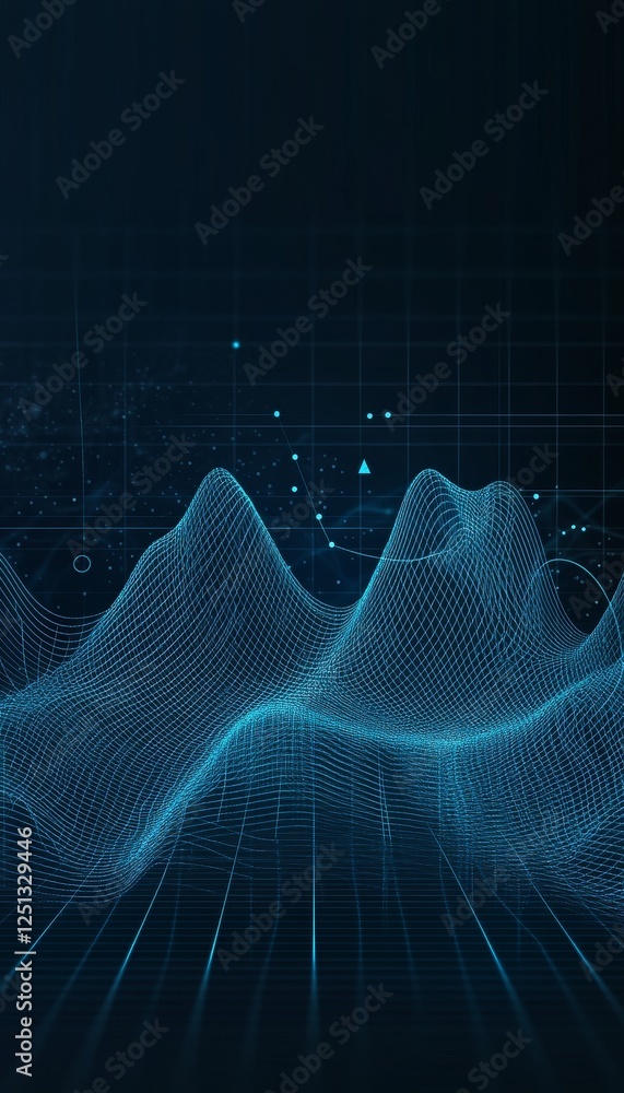 Poster glowing cyan pulse wave on a dark navy grid, data visualization, smooth lines, abstract background