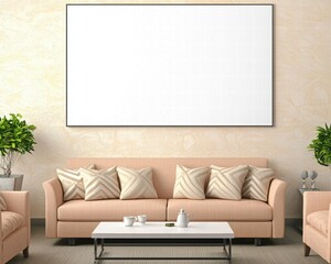 Spacious Living Room with Neutral Tones and Large Blank Wall for Artwork in Bright Atmosphere