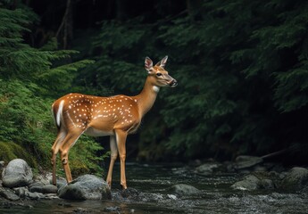 A deer is standing in a stream surrounded by trees