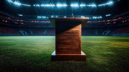 A wooden podium stands on a vibrant green field in a large, illuminated stadium, ready for an event