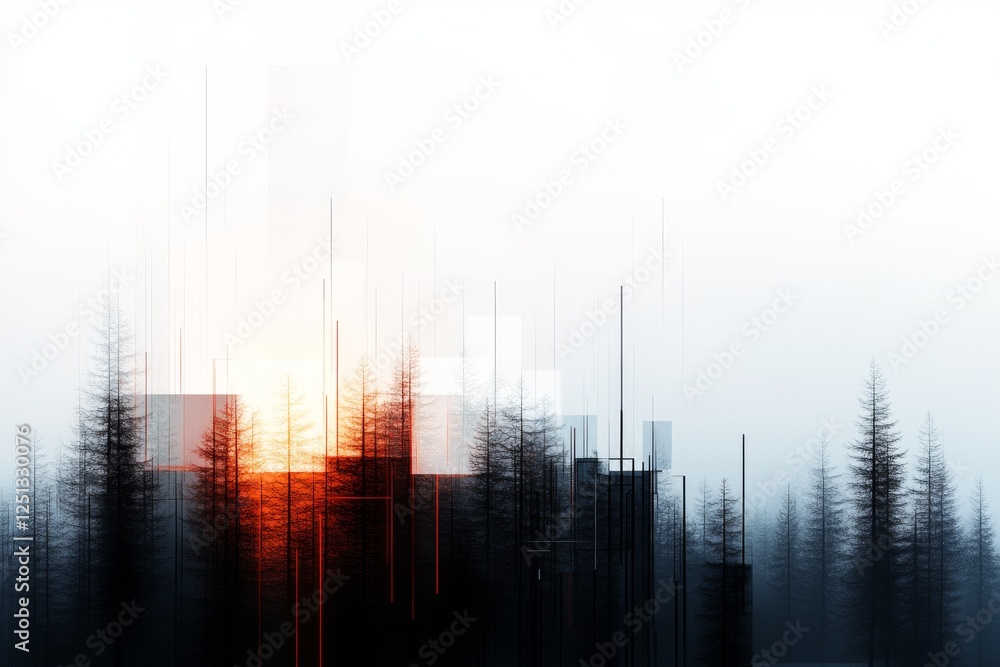 Poster sunset over a misty forest creating an abstract visual experience with silhouettes of trees and vibr