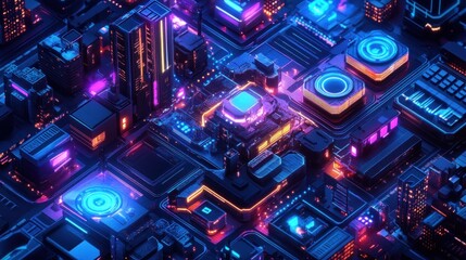 Neon Cityscape Built Upon A Futuristic Circuit Board