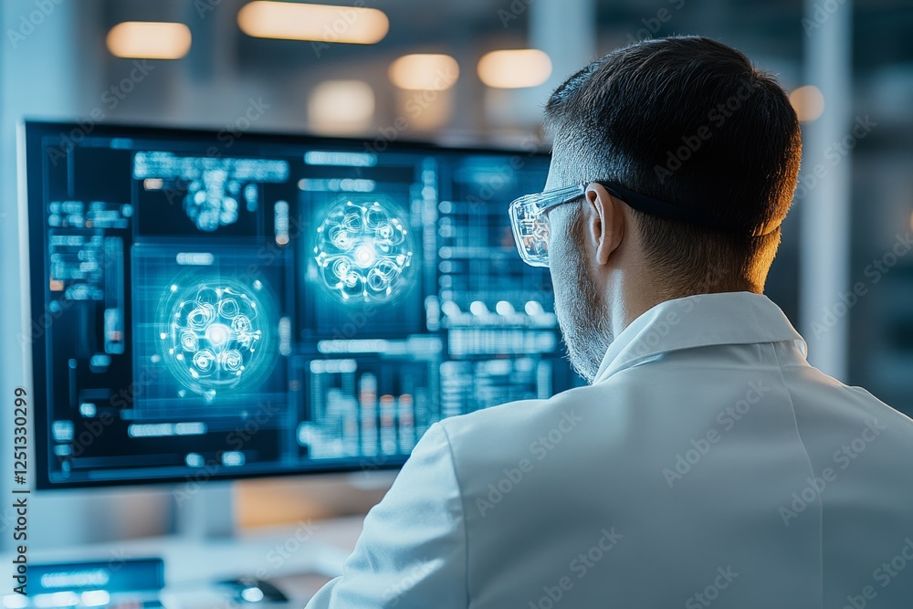 Poster scientist analyzes complex data on multiple screens in a modern laboratory during the day