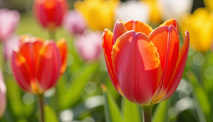 Fototapeta premium Vibrant tulip petals in sunny garden, beauty of nature