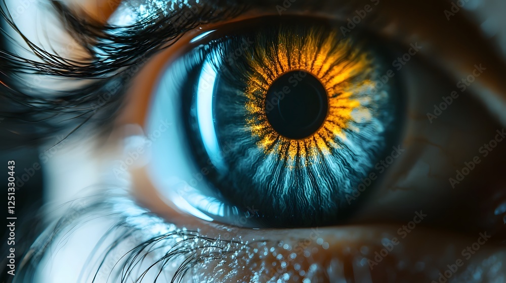 Poster close up macro photograph showcasing the intricate pattern and details of a human iris being scanned
