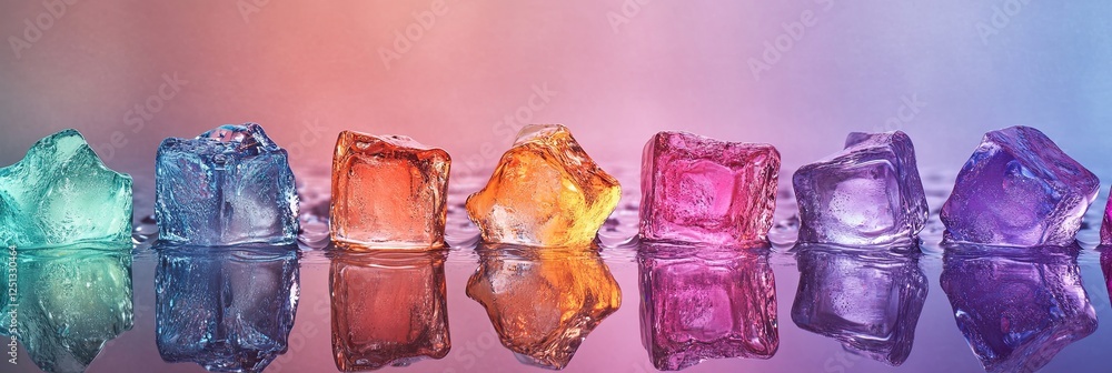Poster a vibrant arrangement of colorful ice cubes melting on a reflective surface, creating a stunning and