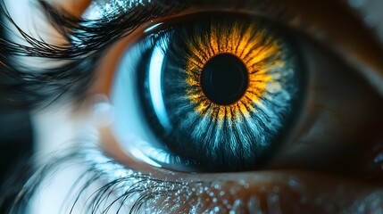 Close up macro photograph showcasing the intricate pattern and details of a human iris being scanned by biometric identification technology