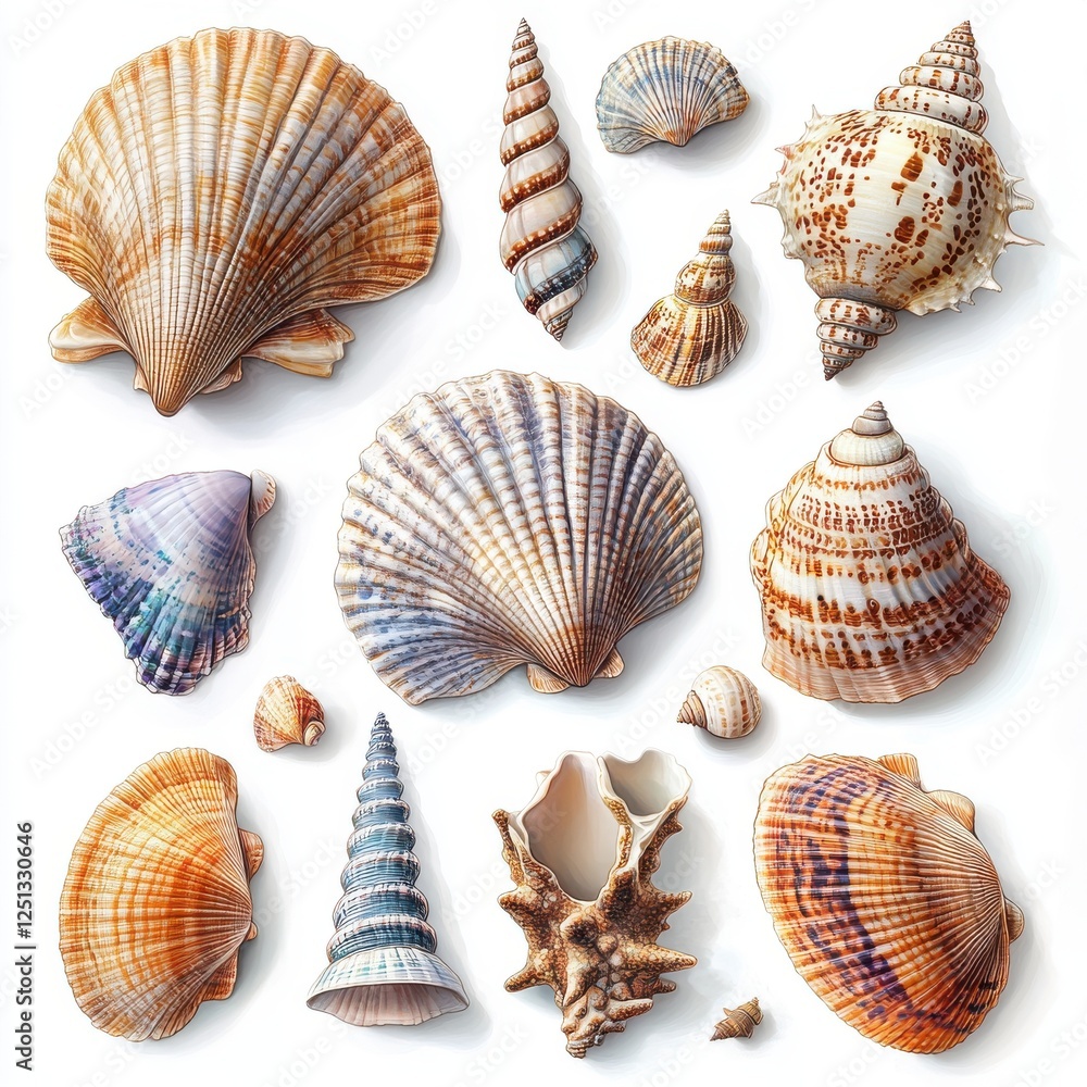 Poster a diverse collection of colorful sea shells displaying unique patterns and textures on a bright back