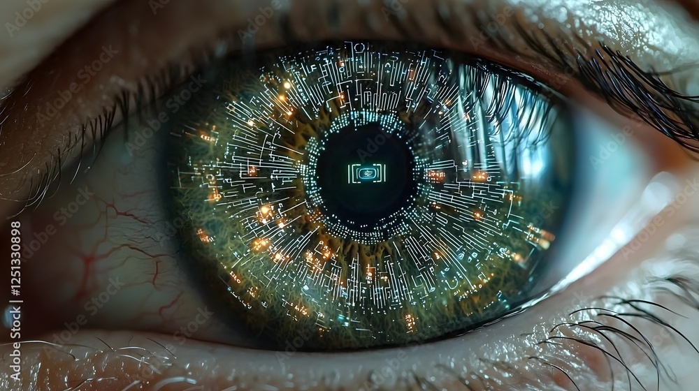 Poster detailed close up view of a human iris with digital scanning lines and data mapping patterns showcas
