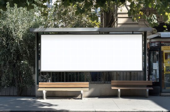 A white billboard sits in front of a bench
